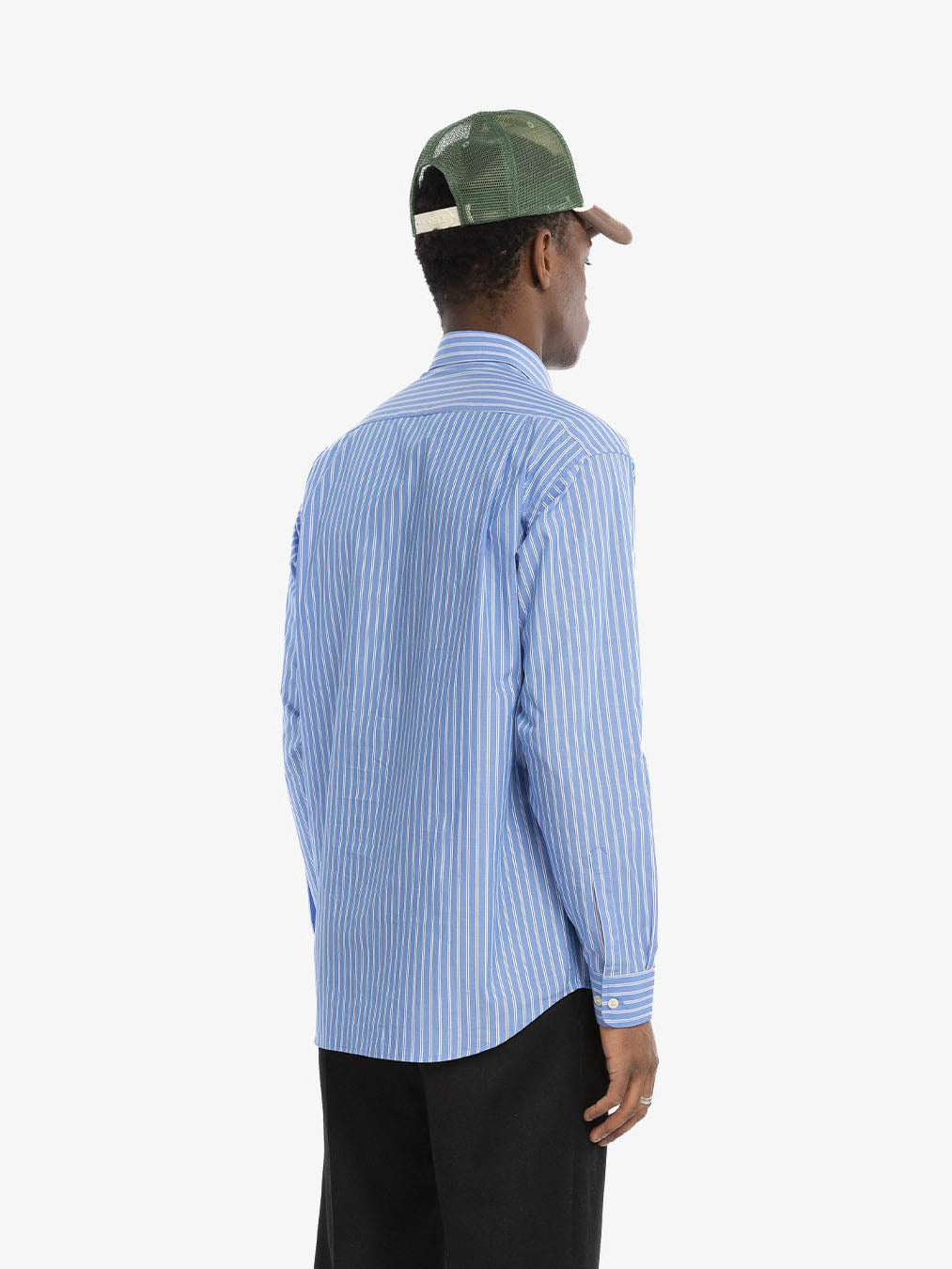 The blue striped long-sleeved shirt