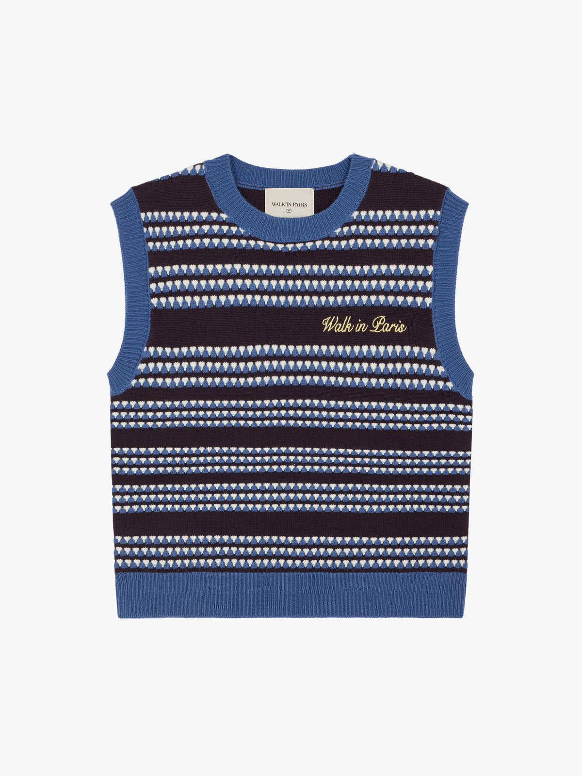 Le pull en maille sans manches rayé bleu