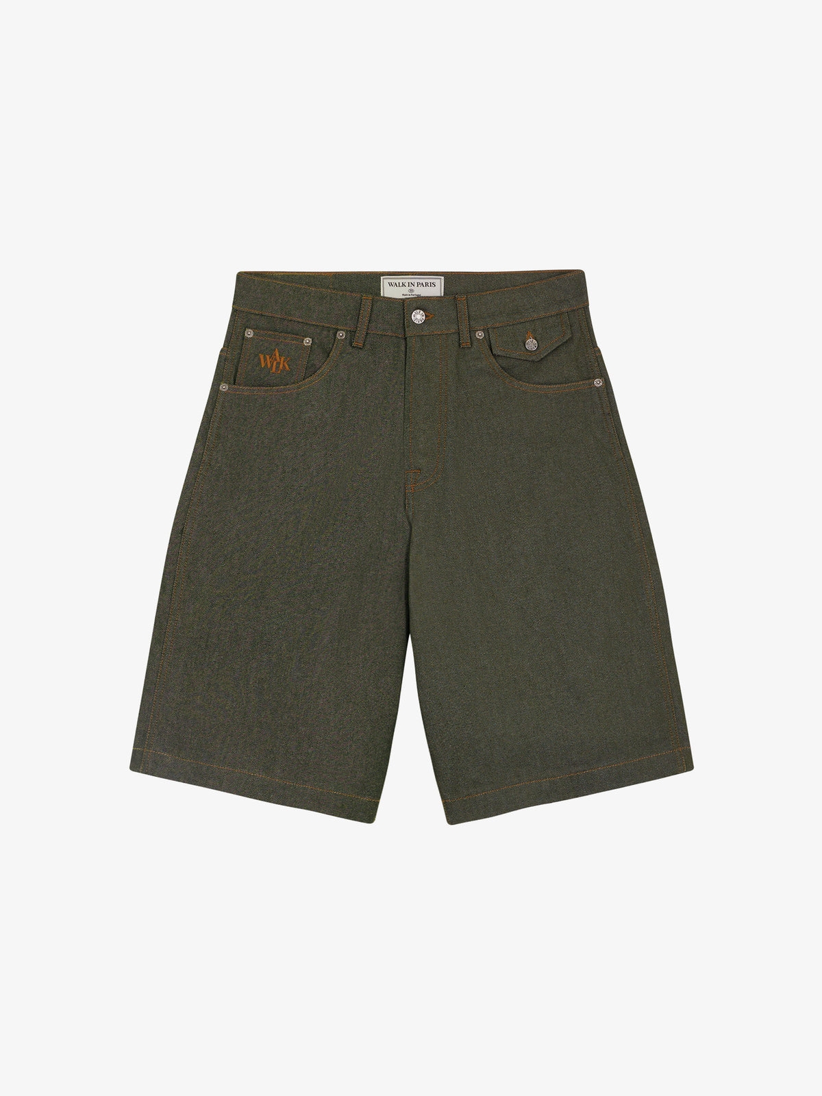 Raw green denim baggy shorts