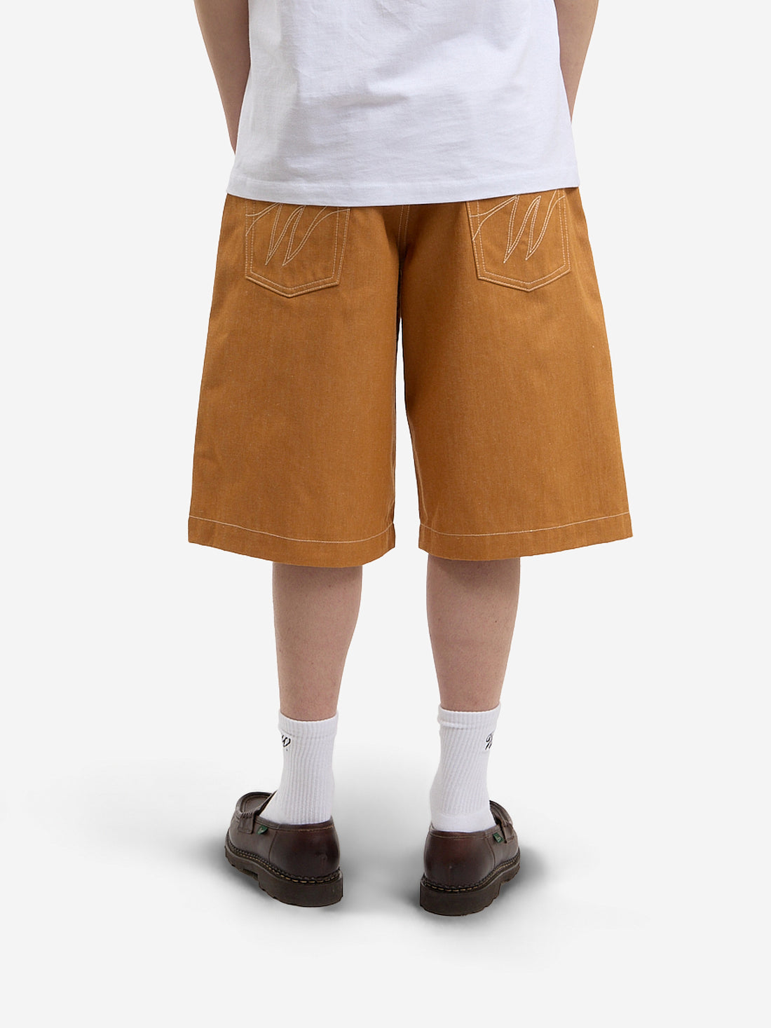 Orange baggy denim shorts