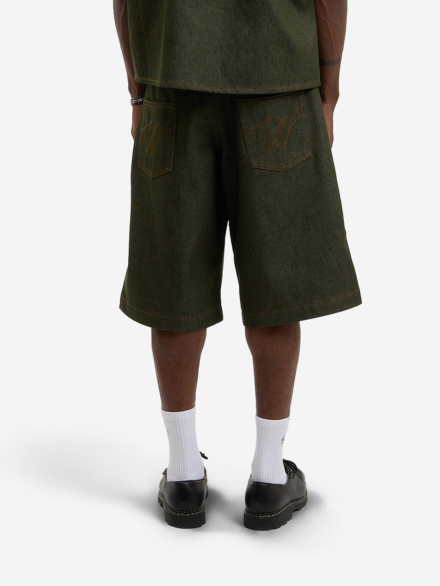 Raw green denim baggy shorts 6