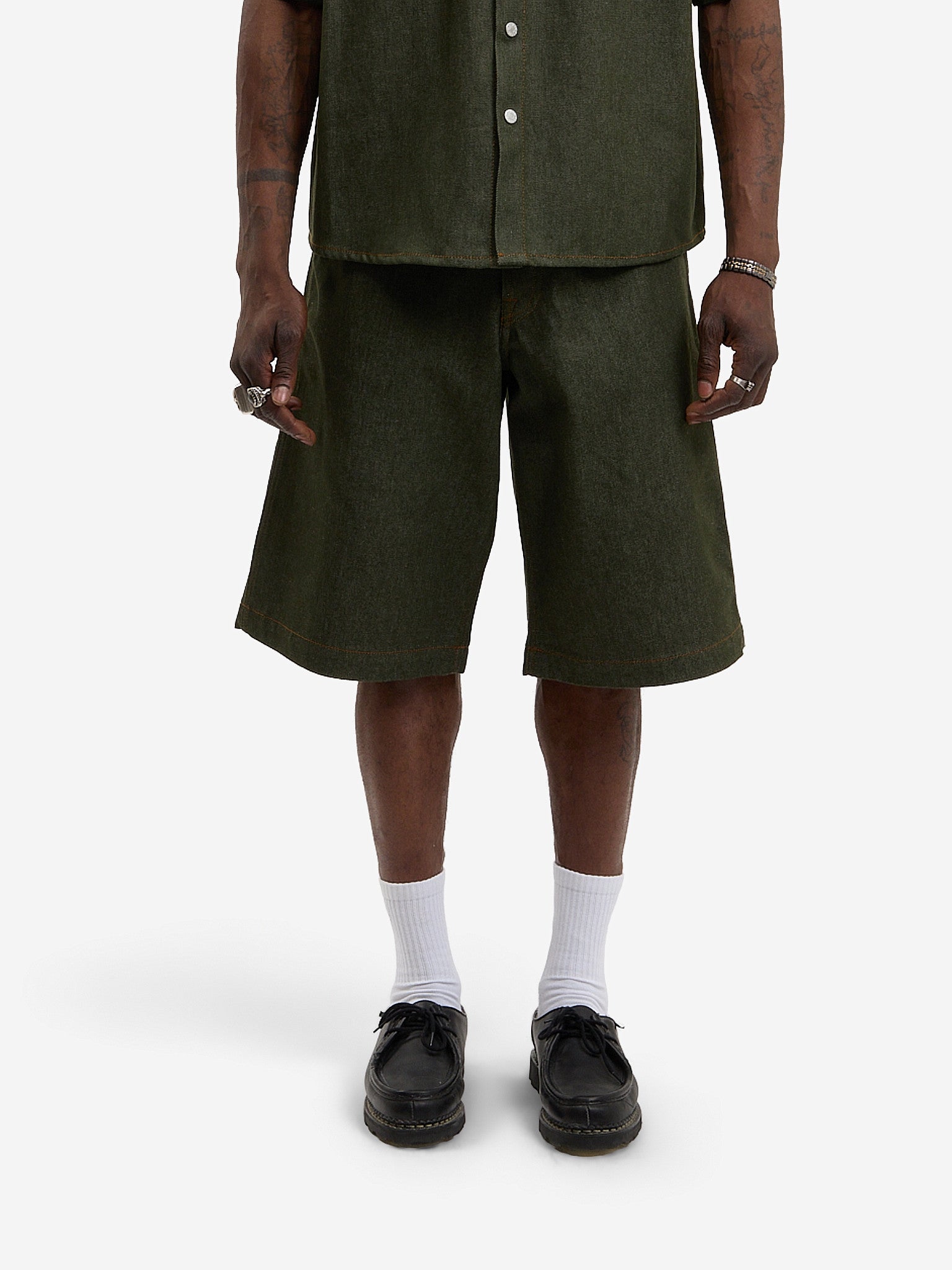 Raw green denim baggy shorts 3