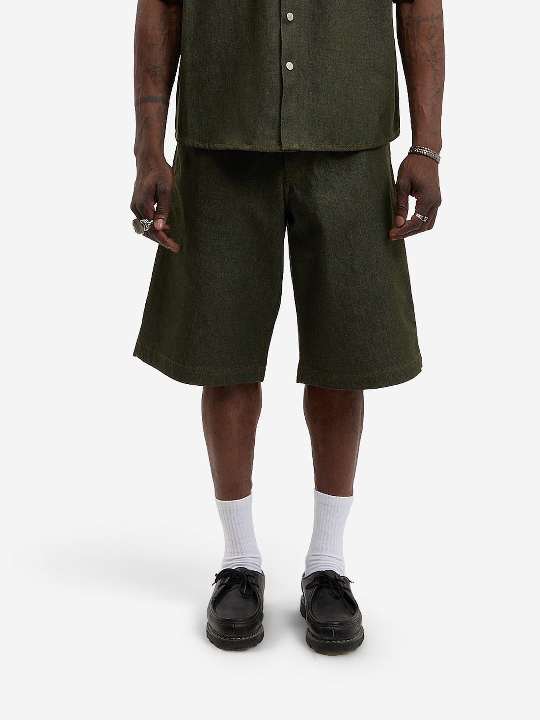 Raw green denim baggy shorts