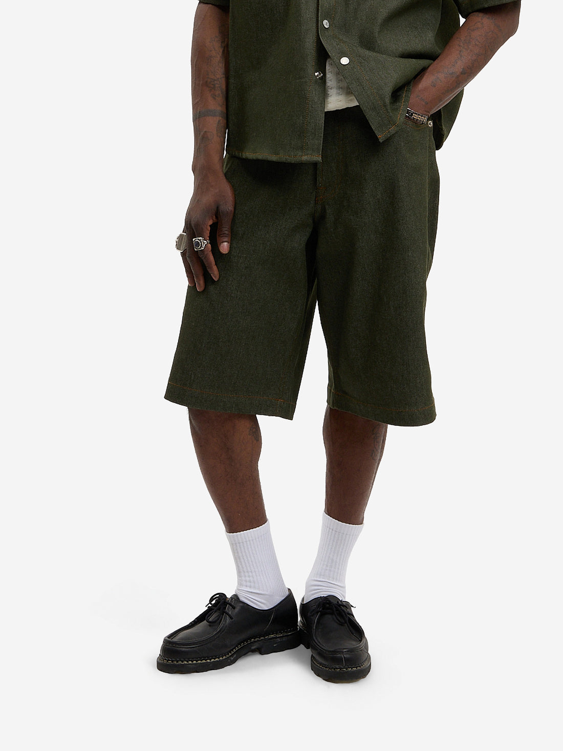 Raw green denim baggy shorts