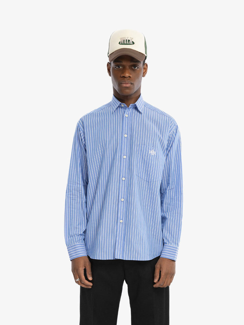 The blue striped long-sleeved shirt