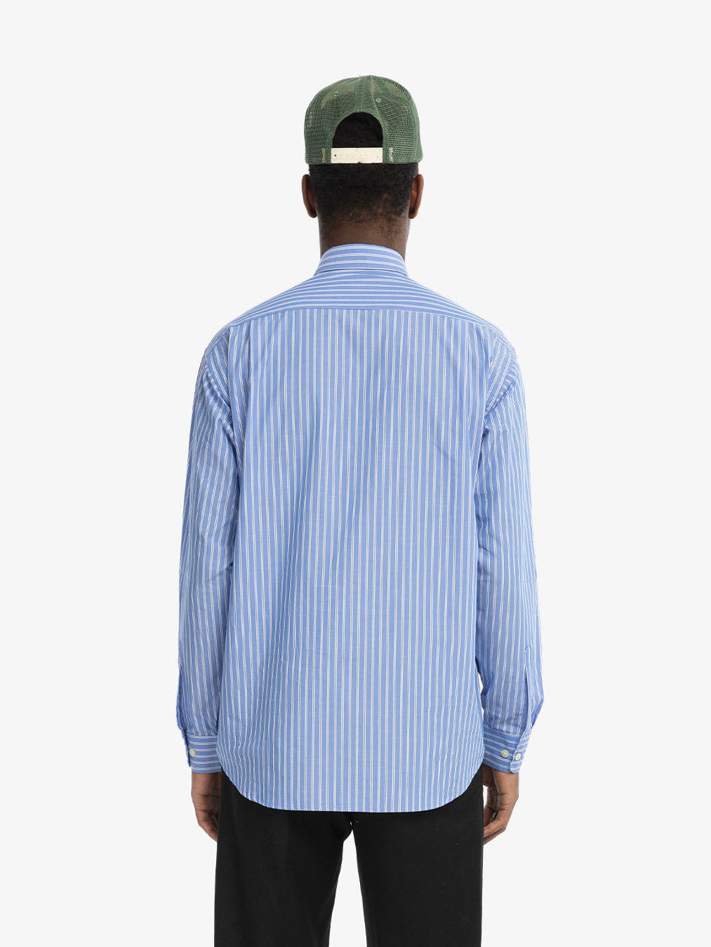 The blue striped long-sleeved shirt